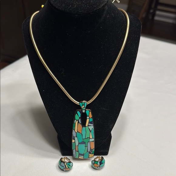 Eisenberg Jewelry - Eisenberg Elegant Mosaic enameled Pendant Necklace and Earring Set. 1970’s.